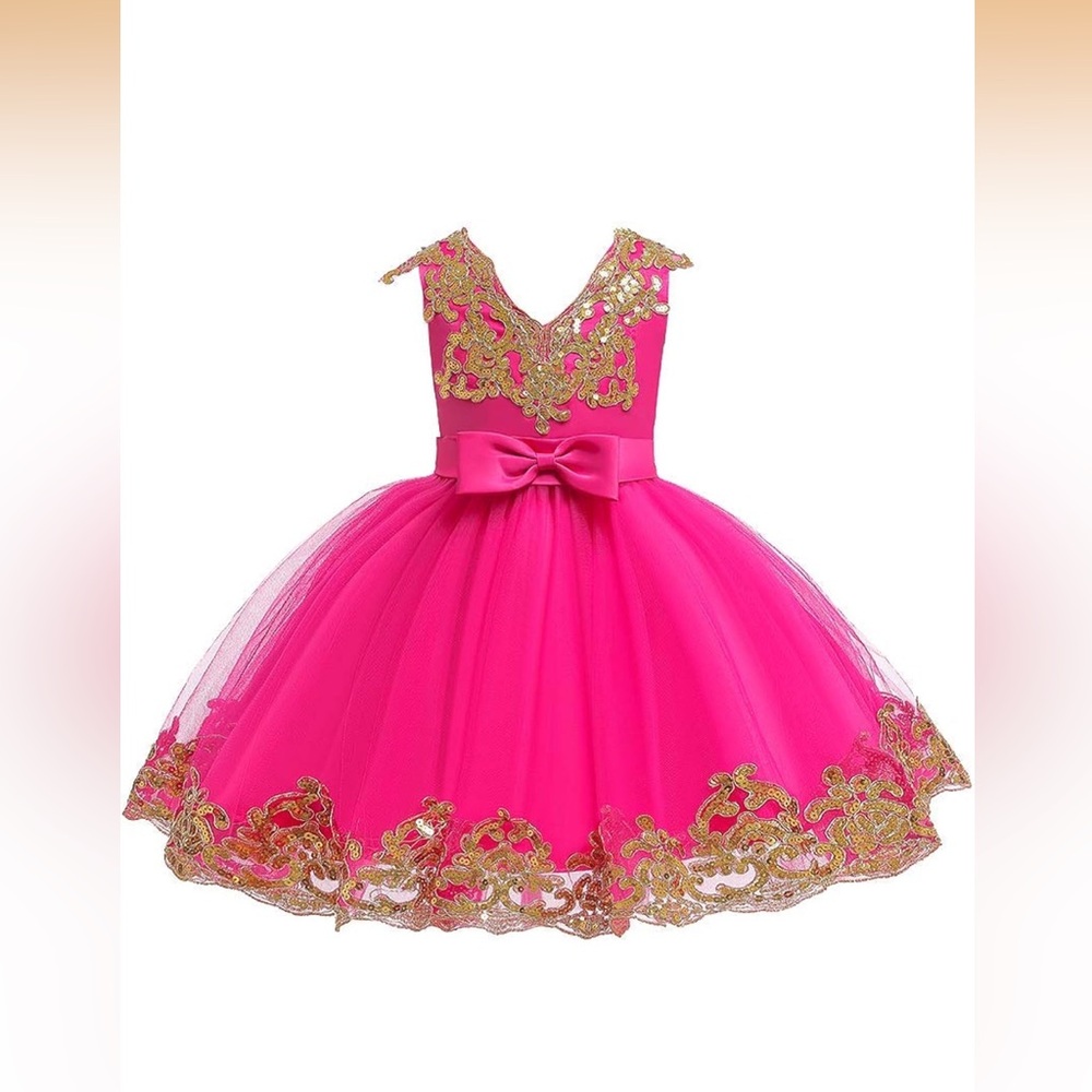 Hot Pink Party Dress with Gold Lace Trim